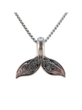 Unisex Stainless Steel Alaska Whale Tail Pendant Necklace Chain Signed Steel X